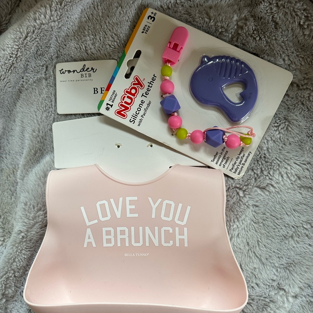 Pink Silicone Bib and Teether Set